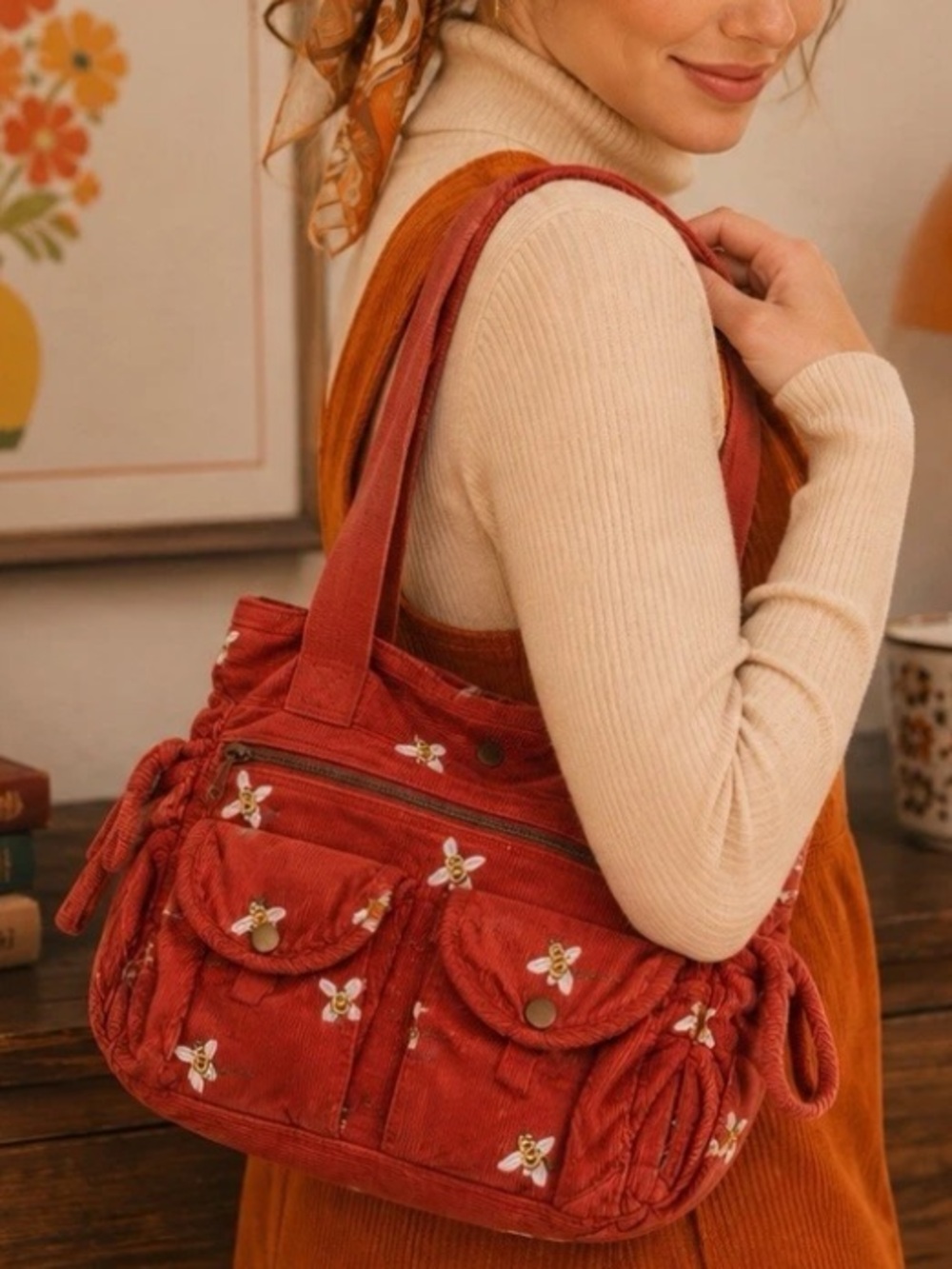 Vintage J Crew Bee, Floral Corduroy Shoulder Bag -